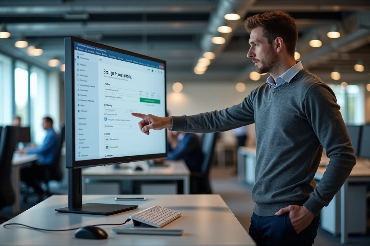 Consultant informatique expliquant les étapes de connexion Planbi à une PME devant un écran de configuration