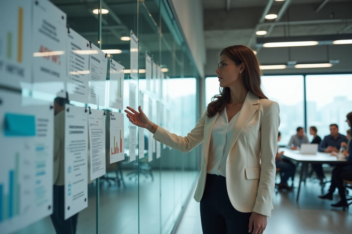Consultante en management présentant une analyse comparative des méthodes de gestion américaines en salle de réunion