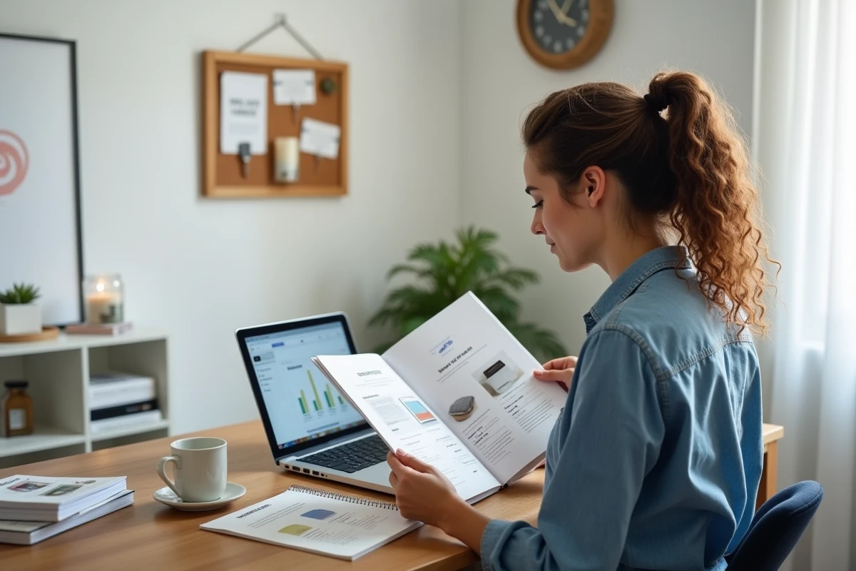 Consultante Partylite débutante consultant un catalogue produit et un ordinateur portable dans son bureau à domicile