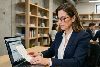 Consultante en portage salarial examinant une facture sur ordinateur portable dans un bureau moderne