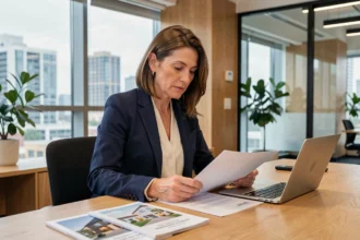 Consultante immobilière indépendante en portage salarial révisant un contrat dans un espace de coworking moderne