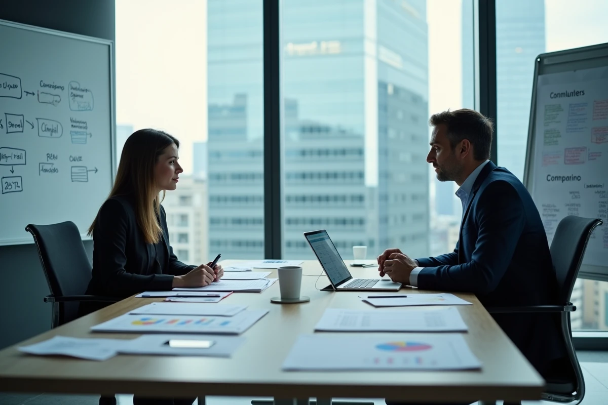 Deux consultants en marketing discutant de la rentabilité d'une solution IA versus une agence classique lors d'une réunion professionnelle