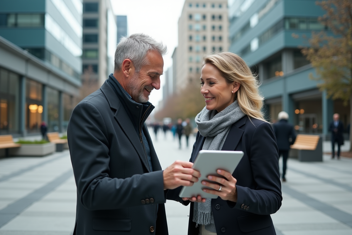 Homme et femme discutant avec tablette en ville