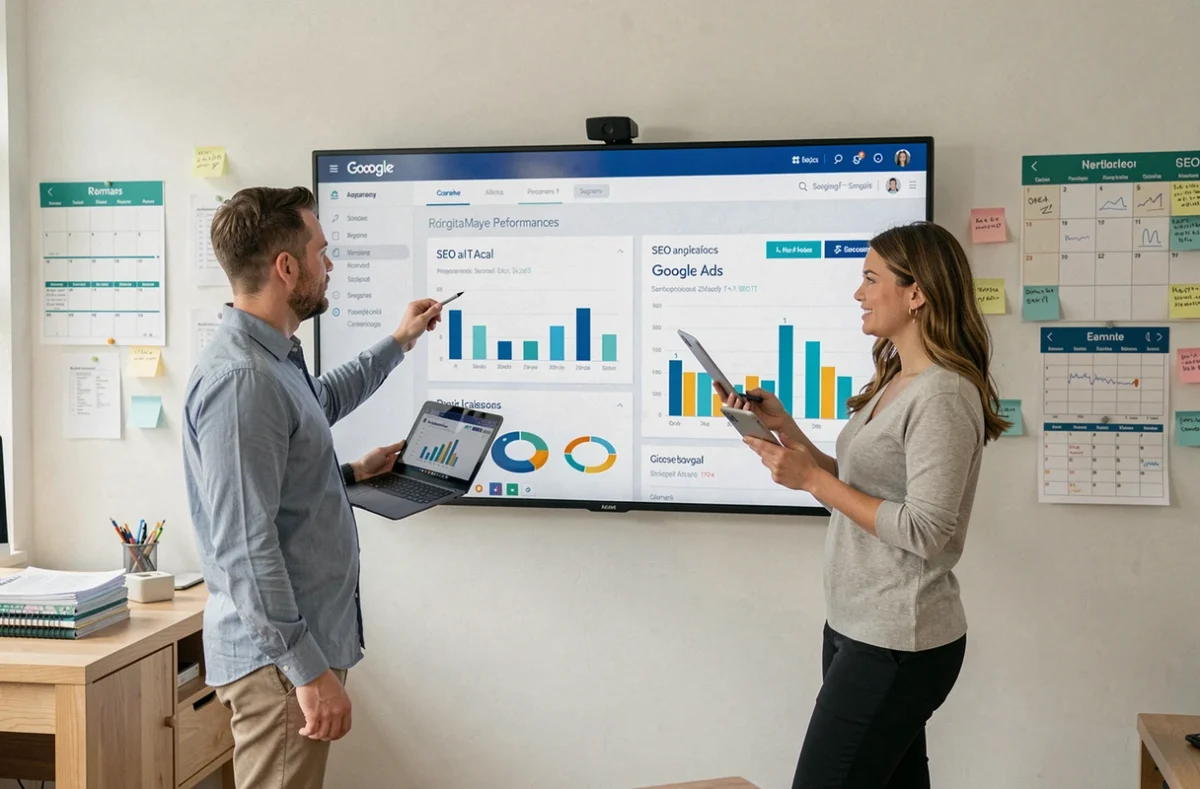 Équipe Coseom analysant des rapports Google Ads et SEO dans leur agence digitale
