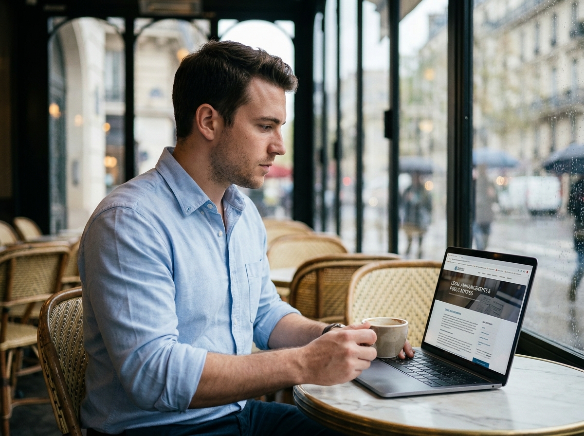 Jeune entrepreneur consultant le coût d'une annonce légale en ligne depuis un café parisien