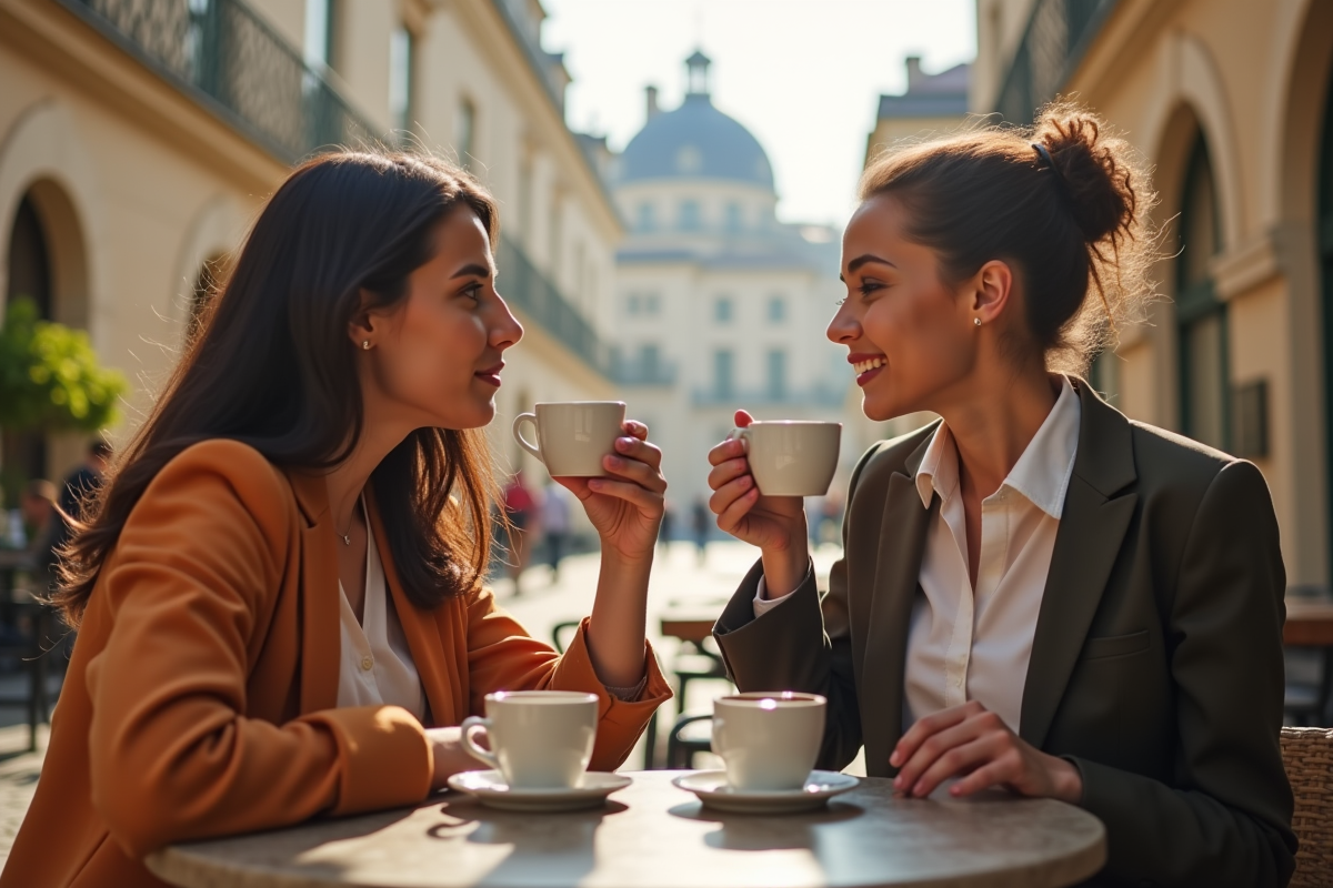 Deux stagiaires discutant dans un café en plein air à Bordeaux
