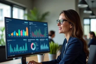 Décideuse marketing analysant les prix des outils IA sur un tableau de bord numérique dans un bureau moderne