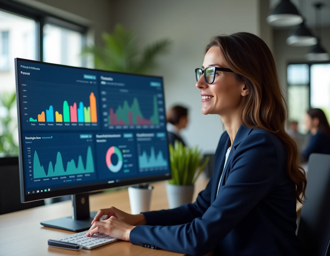Décideuse marketing analysant les prix des outils IA sur un tableau de bord numérique dans un bureau moderne