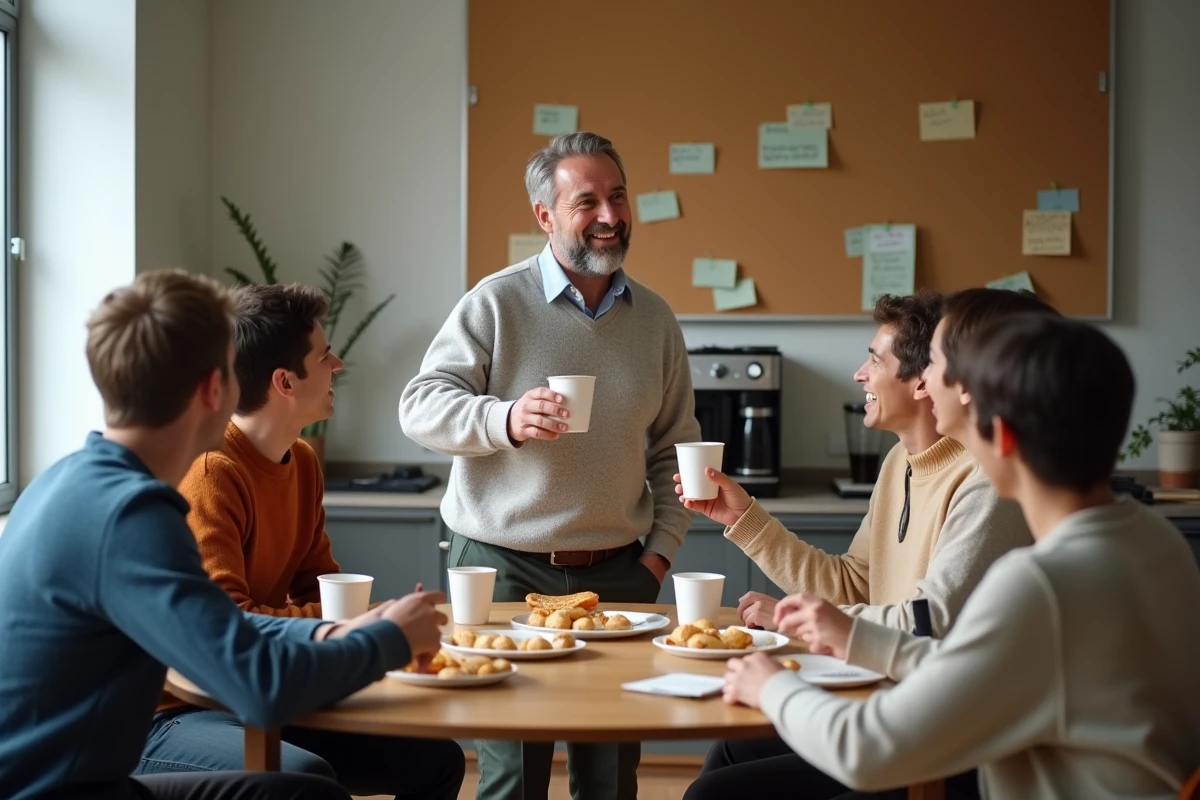 Équipe de collègues réunis autour d'une table en salle de pause pour un déjeuner d'au revoir chaleureux avec des viennoiseries et des gobelets
