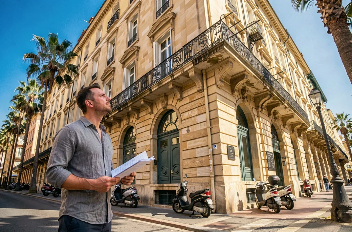 Entrepreneur tenant ses dossiers devant un bâtiment administratif à Perpignan pour démarrer une procédure de domiciliation