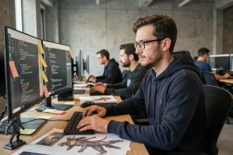 Développeur de jeux vidéo chez 343 Industries travaillant sur le prochain projet Halo dans un studio moderne