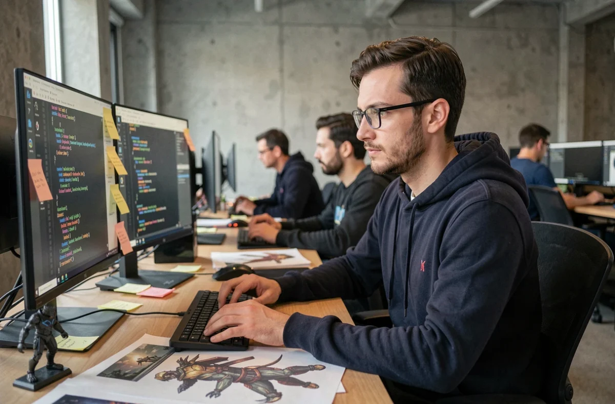 Développeur de jeux vidéo chez 343 Industries travaillant sur le prochain projet Halo dans un studio moderne