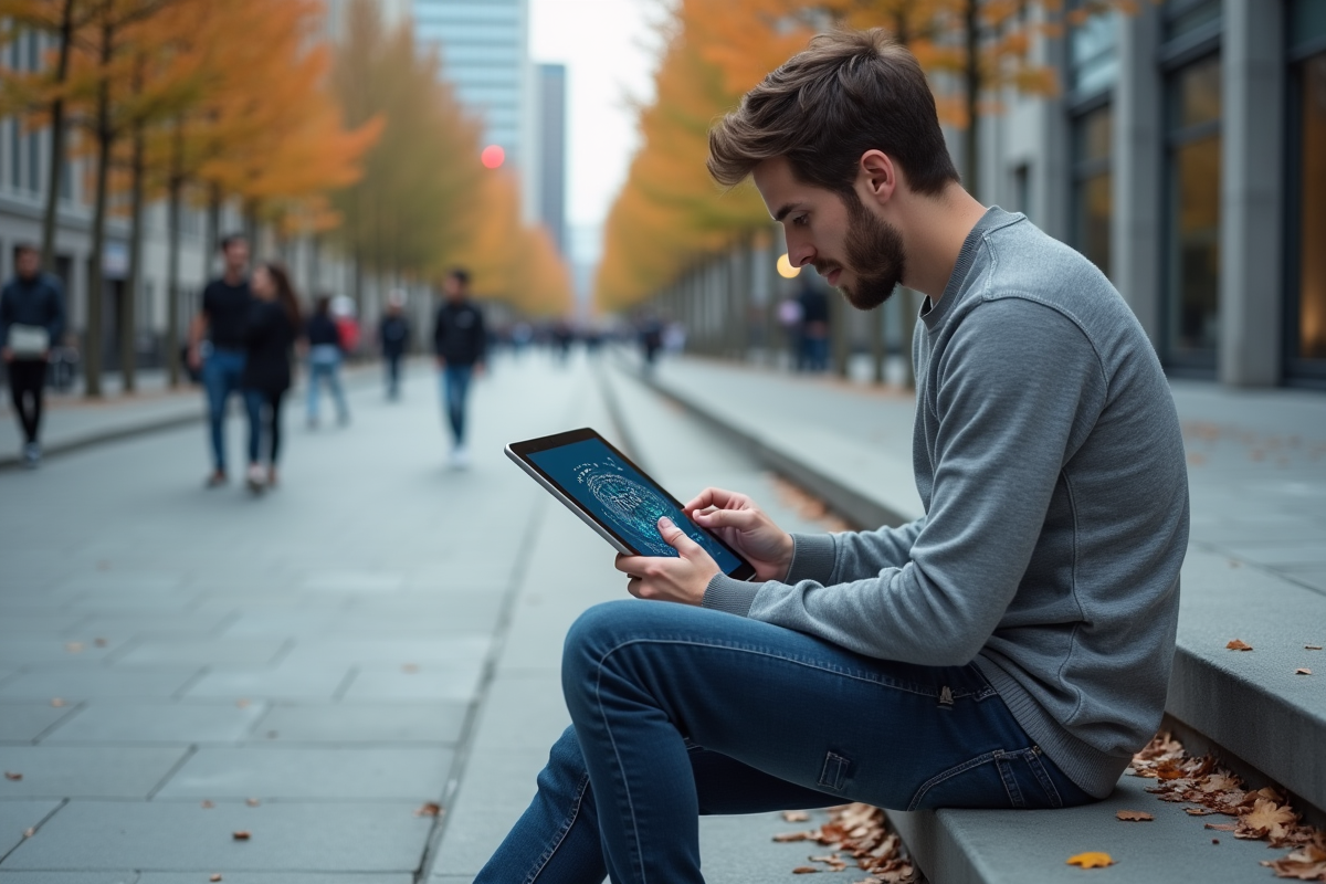Jeune développeur regardant une illustration sur tablette en extérieur