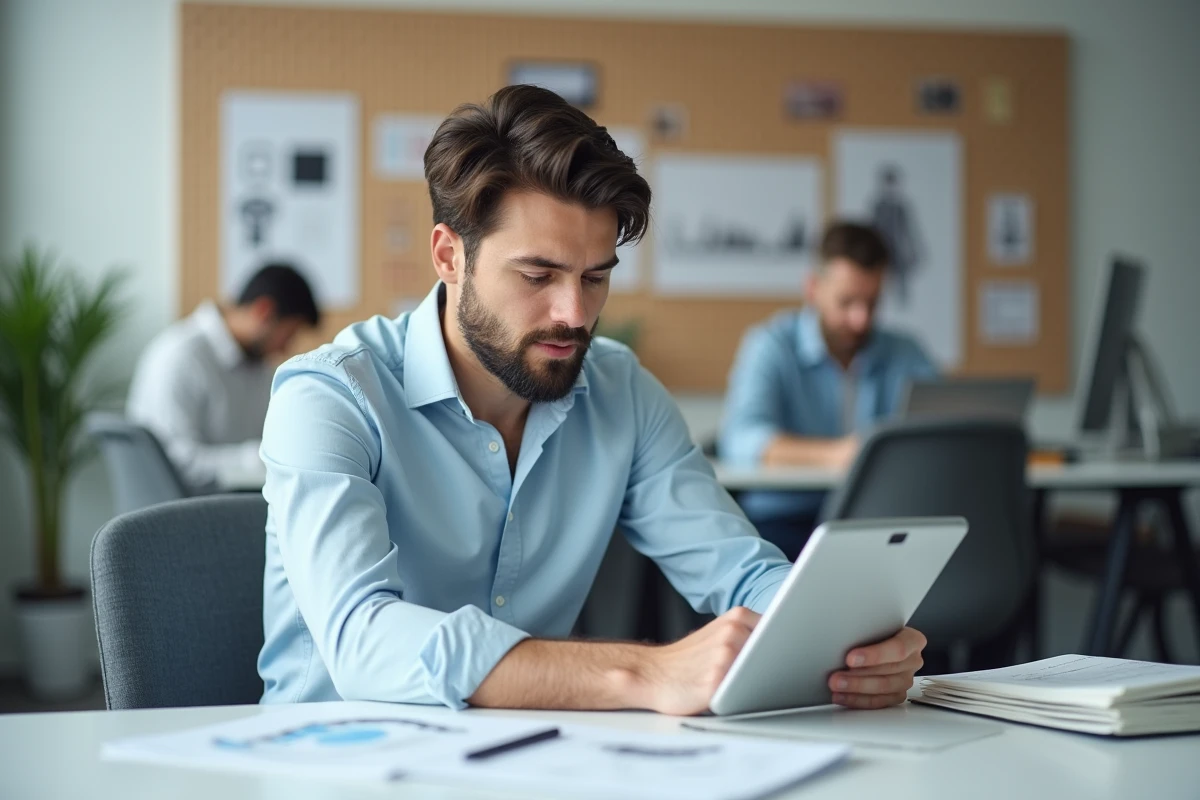 Directeur créatif d'agence analysant un prototype produit lors de la préparation d'un lancement commercial