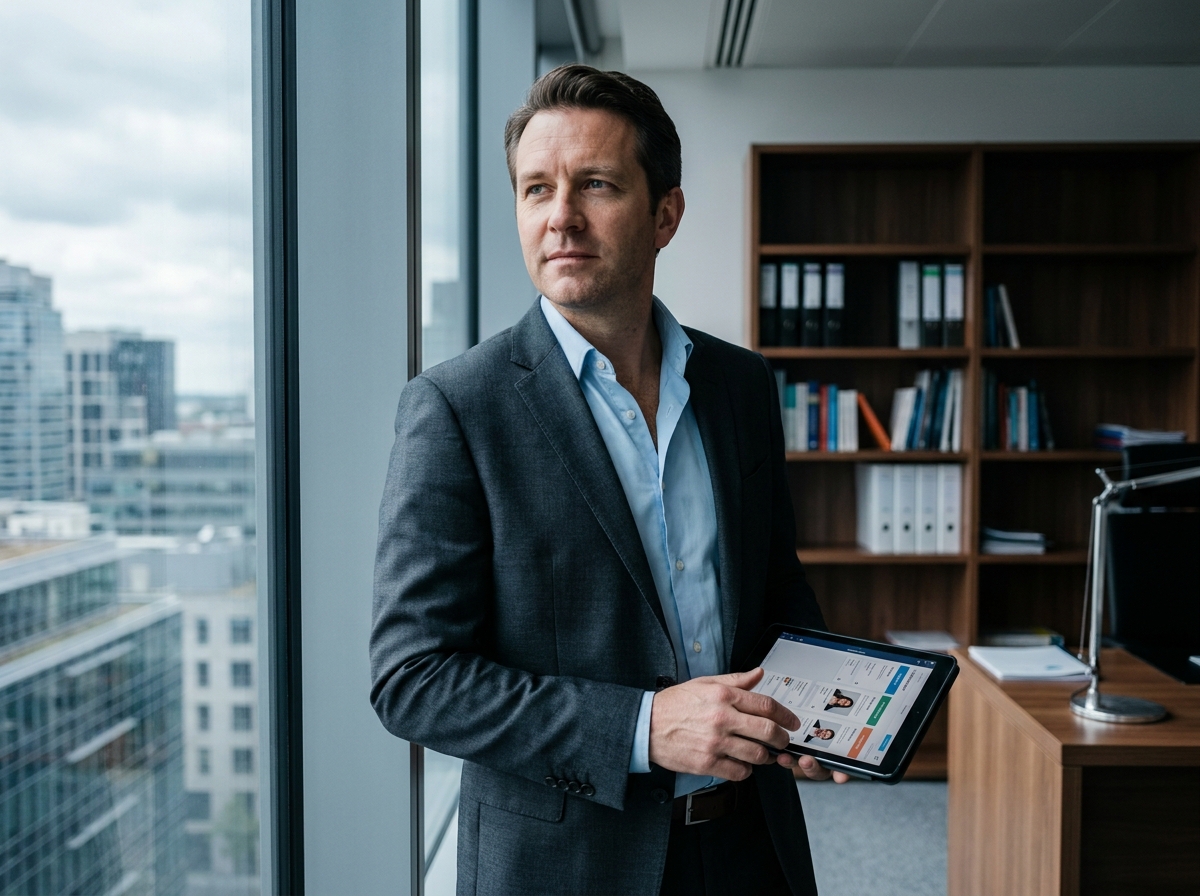 Directeur des ressources humaines consultant une plateforme de recrutement sur tablette depuis son bureau de direction