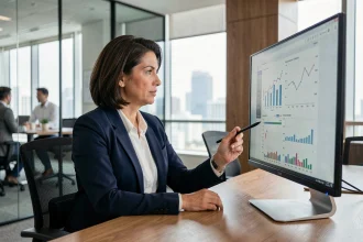 Directrice financière analysant des tableaux de bord de pilotage sur logiciel de gestion dans un bureau moderne