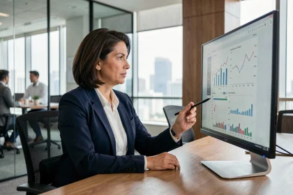 Directrice financière analysant des tableaux de bord de pilotage sur logiciel de gestion dans un bureau moderne
