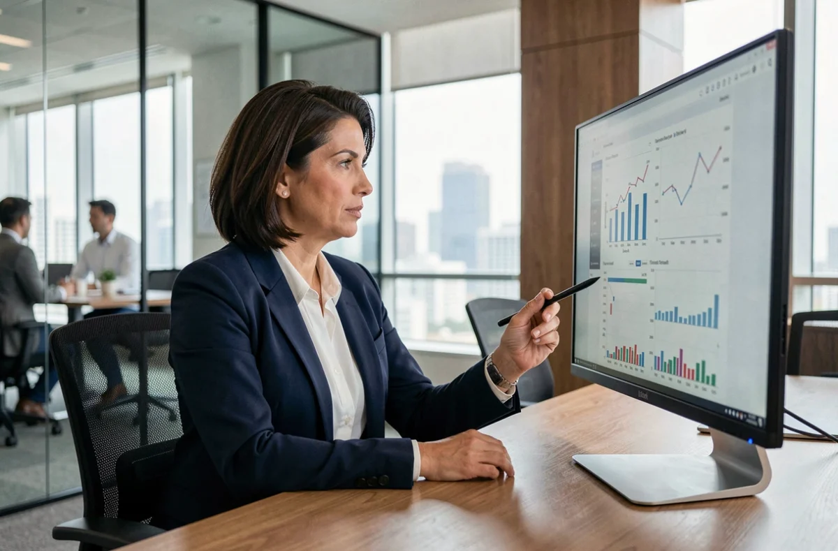 Directrice financière analysant des tableaux de bord de pilotage sur logiciel de gestion dans un bureau moderne