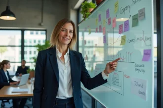 Directrice de stratégie en agence marketing présentant des métriques de ROI sur un tableau blanc dans un bureau moderne