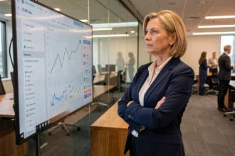 Dirigeante d'entreprise analysant des indicateurs de croissance sur un tableau de bord numérique en 2026