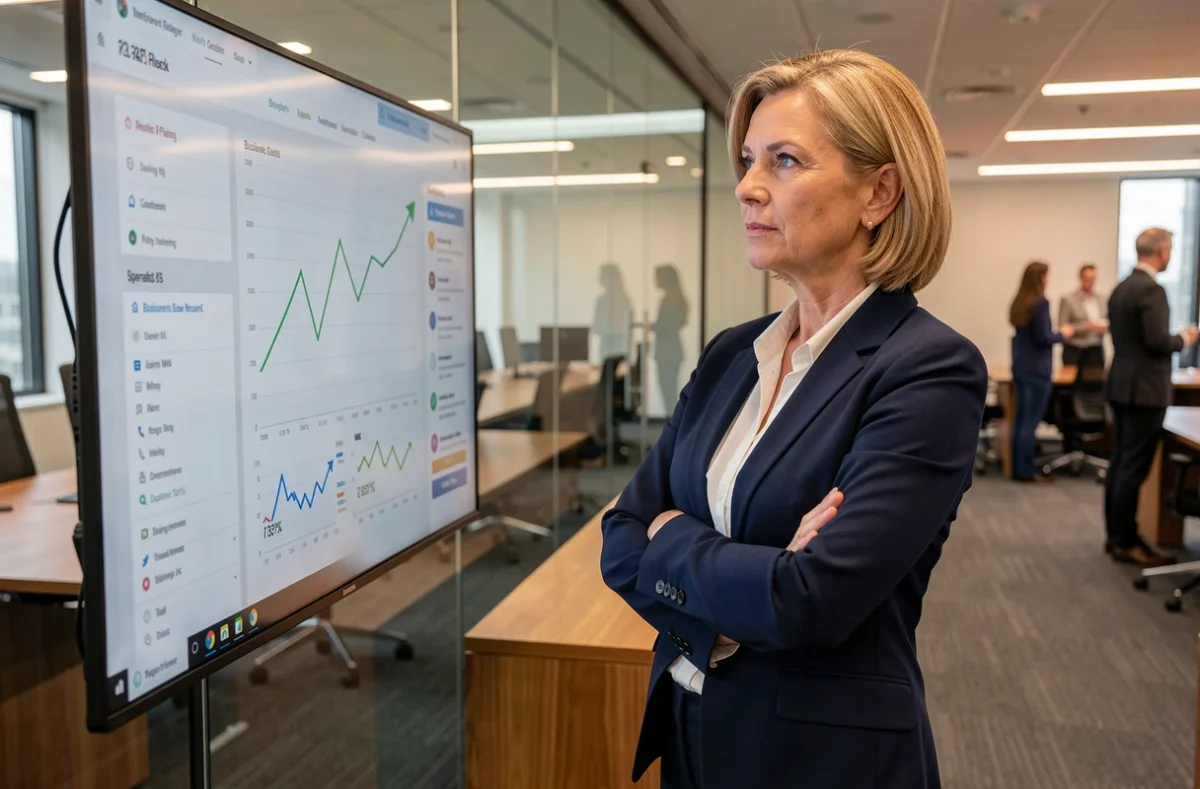 Dirigeante d'entreprise analysant des indicateurs de croissance sur un tableau de bord numérique en 2026