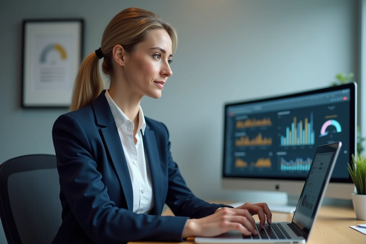 Dirigeante de PME configurant une connexion Planbi sur son ordinateur portable dans un bureau professionnel moderne