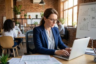 Dirigeante de PME analysant des prévisions de trésorerie sur son bureau avec des feuilles de calcul imprimées et un ordinateur portable