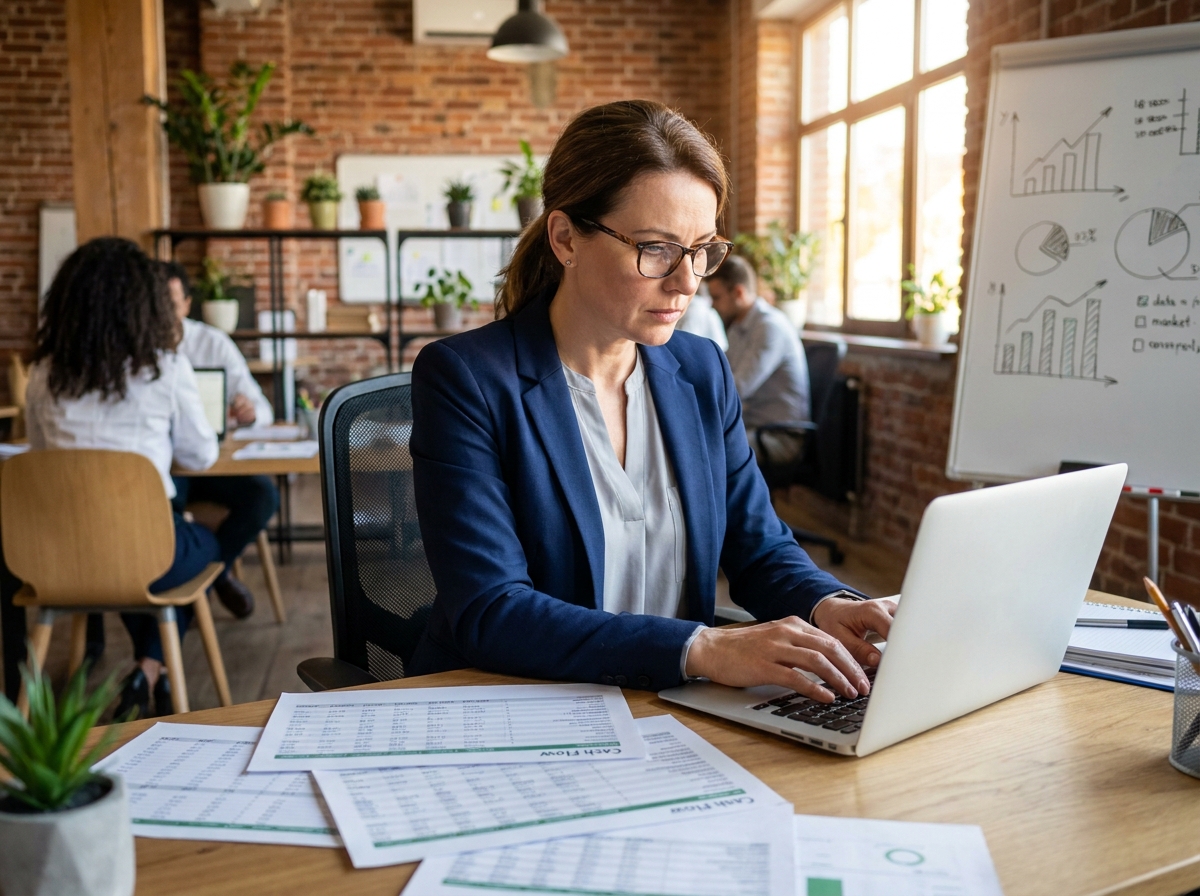 Dirigeante de PME analysant des prévisions de trésorerie sur son bureau avec des feuilles de calcul imprimées et un ordinateur portable