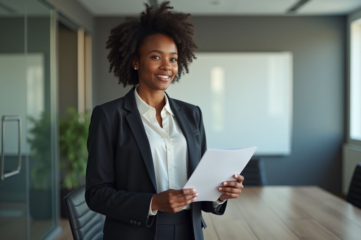 Jeune femme africaine en réunion discutant d