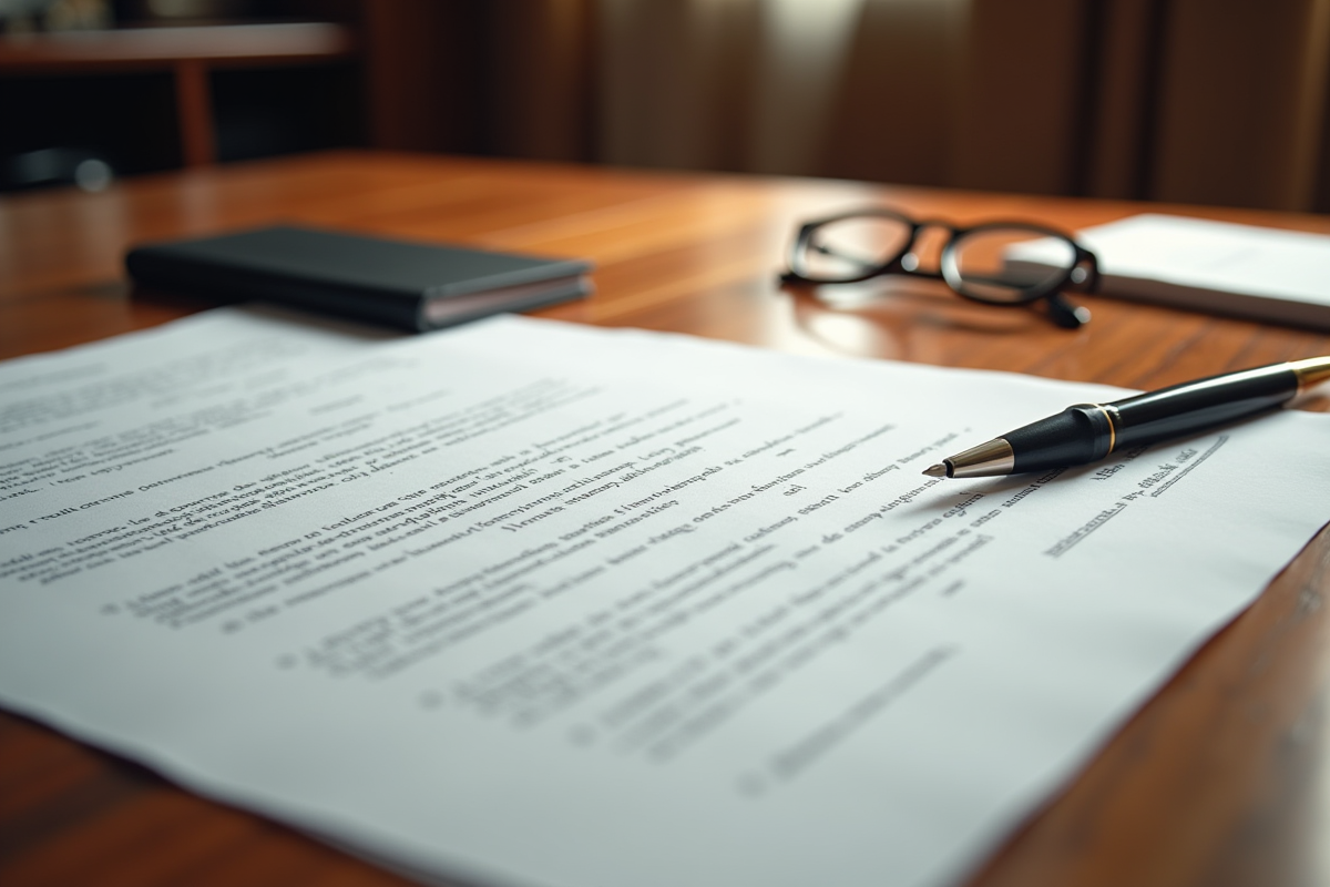 Page de documents juridiques français avec stylo et lunettes sur le bureau