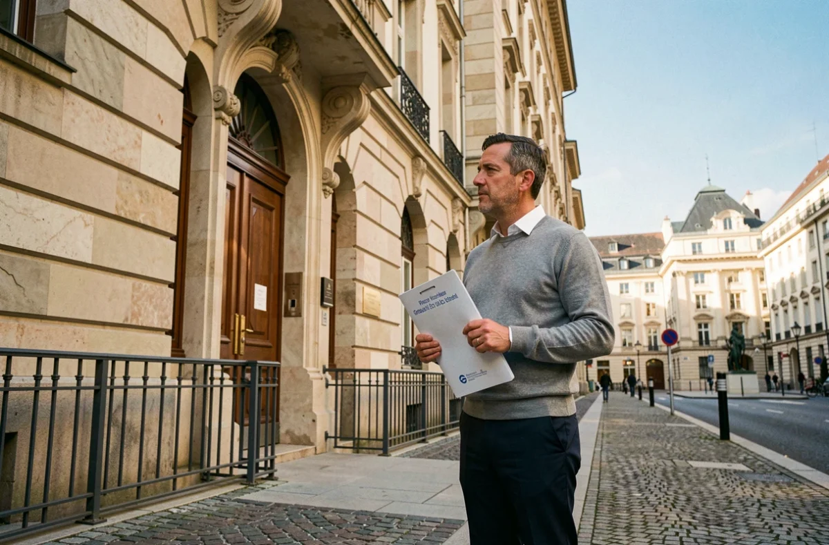 Chef d'entreprise devant un immeuble haussmannien du centre de Grenoble tenant un dossier de domiciliation commerciale