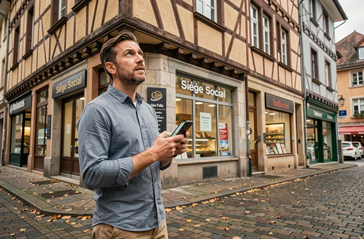 Entrepreneur évaluant une adresse de domiciliation commerciale dans le centre-ville de Mulhouse en Alsace