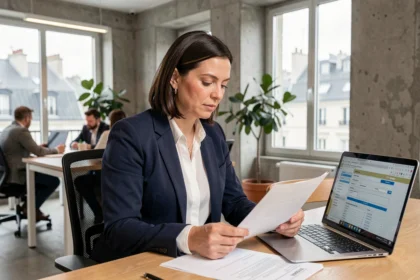 Femme d'affaires consultant des documents pour domicilier son entreprise dans un espace de coworking moderne en France