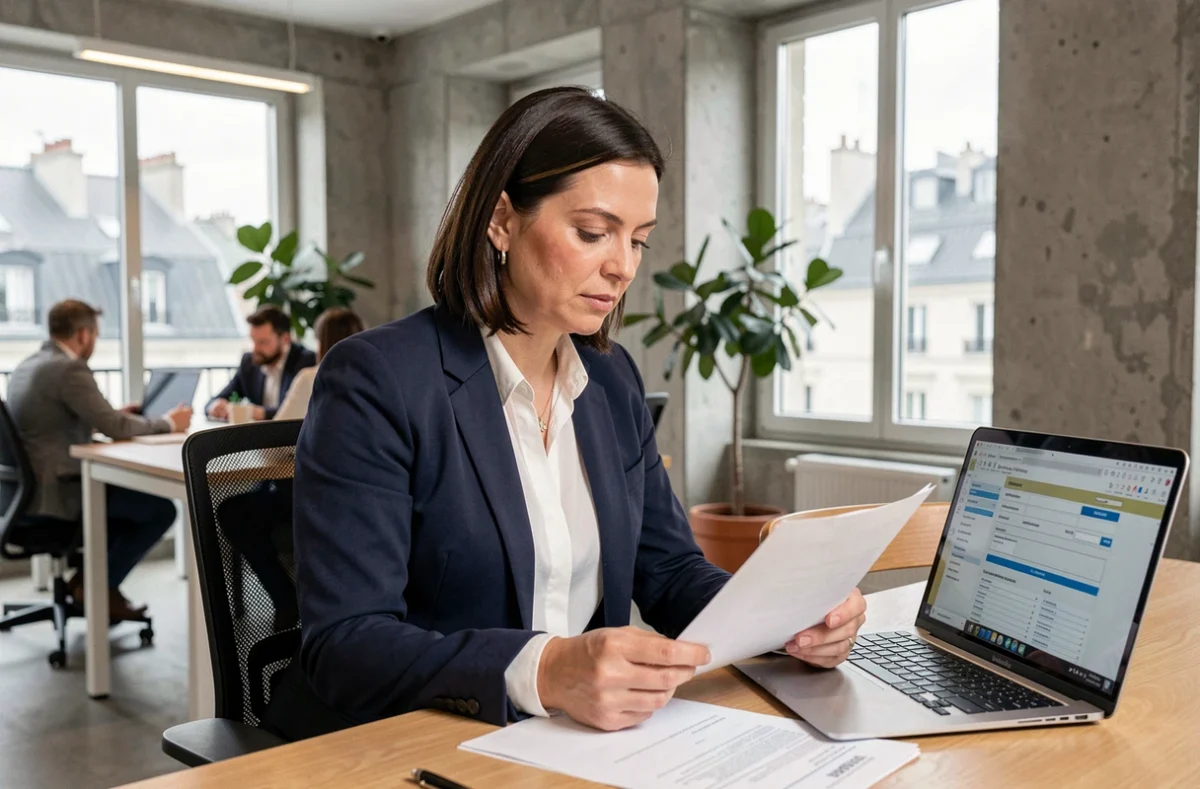 Femme d'affaires consultant des documents pour domicilier son entreprise dans un espace de coworking moderne en France