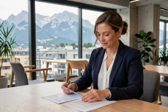 Femme d'affaires consultant des documents de domiciliation d'entreprise dans un espace de coworking à Grenoble avec vue sur les montagnes