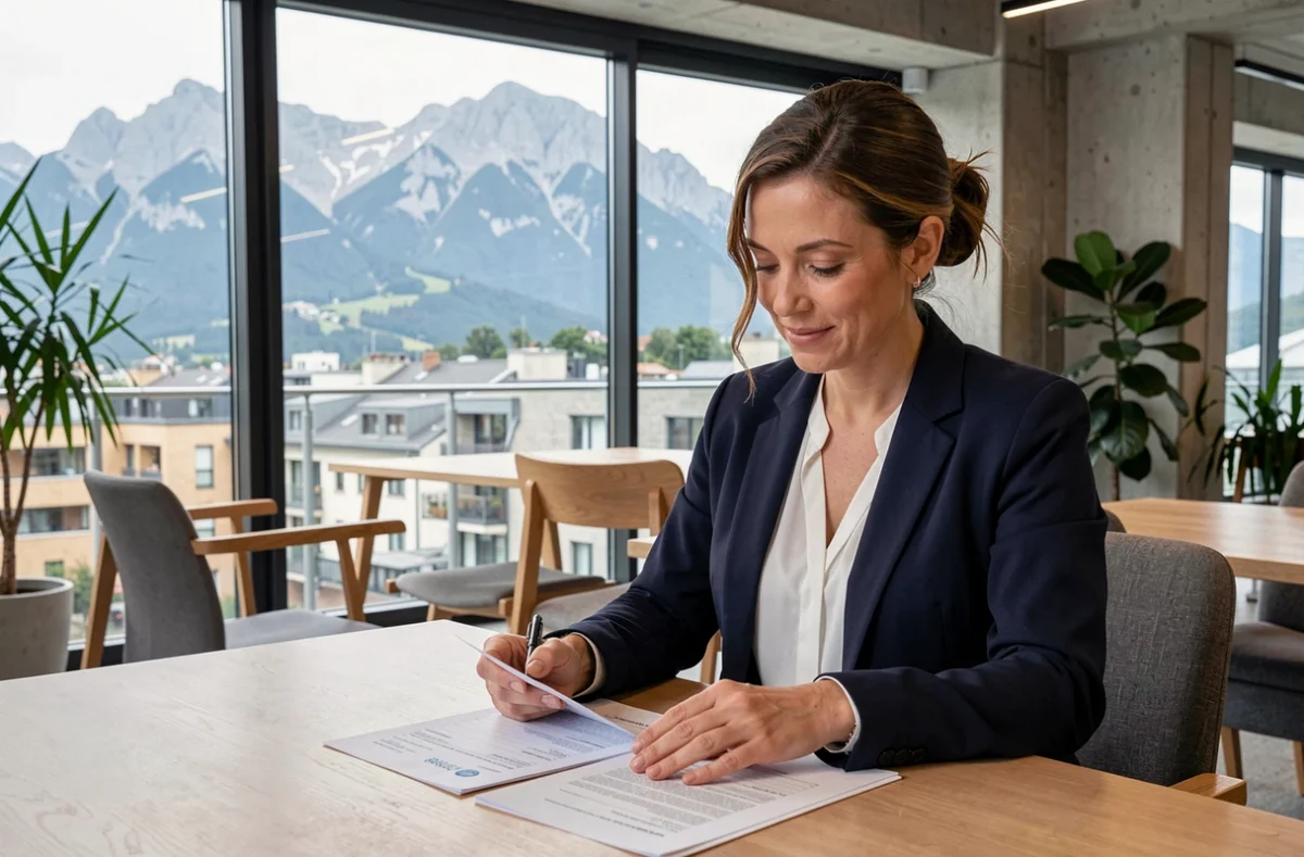 Femme d'affaires consultant des documents de domiciliation d'entreprise dans un espace de coworking à Grenoble avec vue sur les montagnes