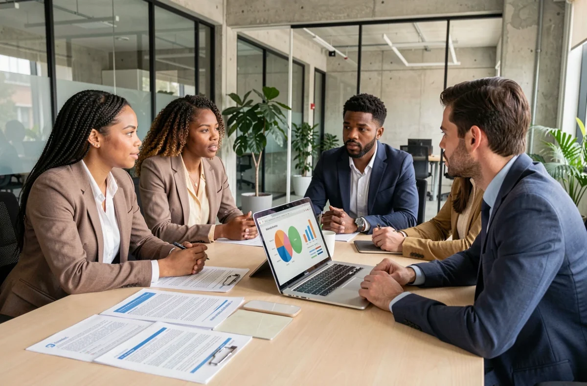 Équipe RH diversifiée réunie autour d'une table de réunion pour discuter de l'égalité professionnelle et des obligations légales en entreprise