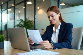 Employée de La Poste consultant son bulletin de paie en ligne sur un ordinateur portable dans un bureau moderne