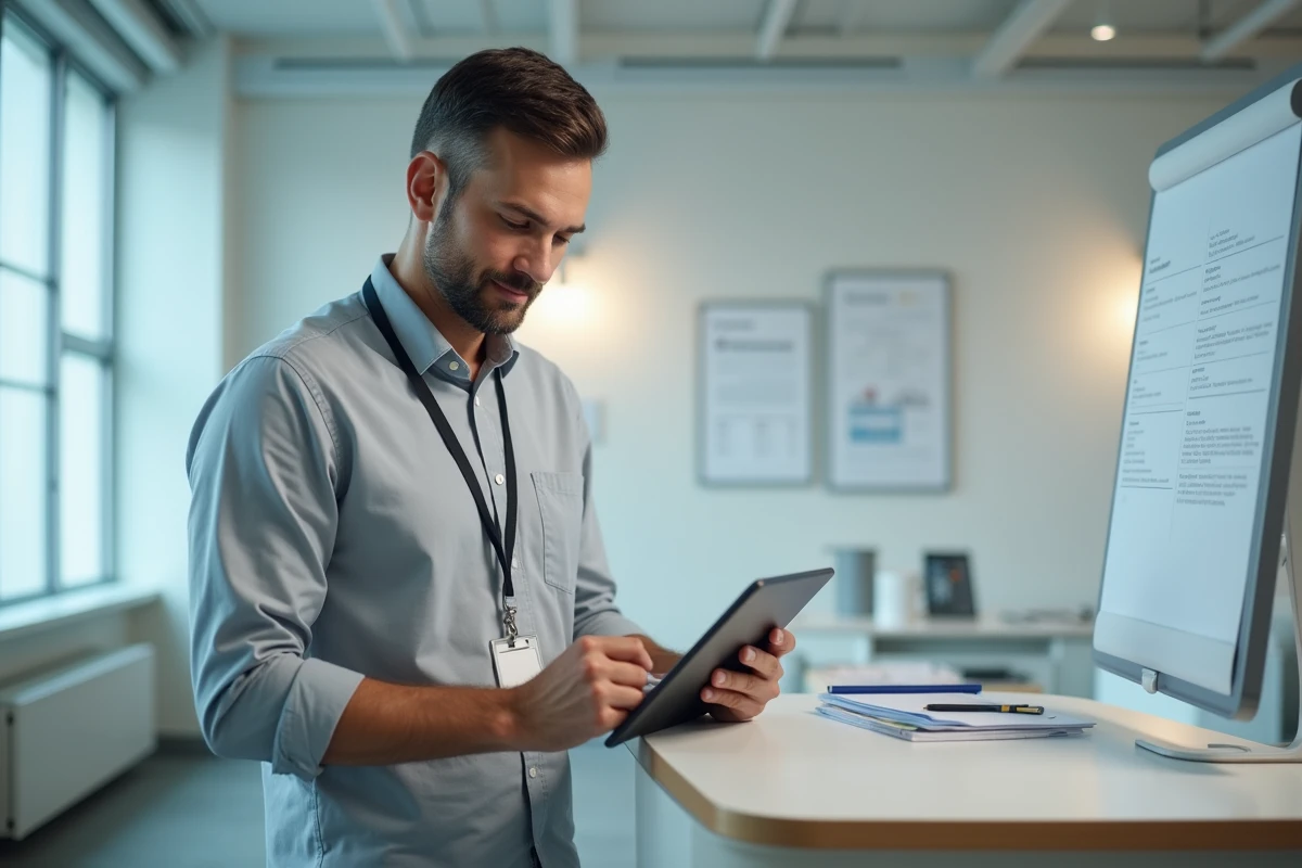 Nouvel employé remplissant son dossier d'intégration sur tablette dans un espace d'accueil RH