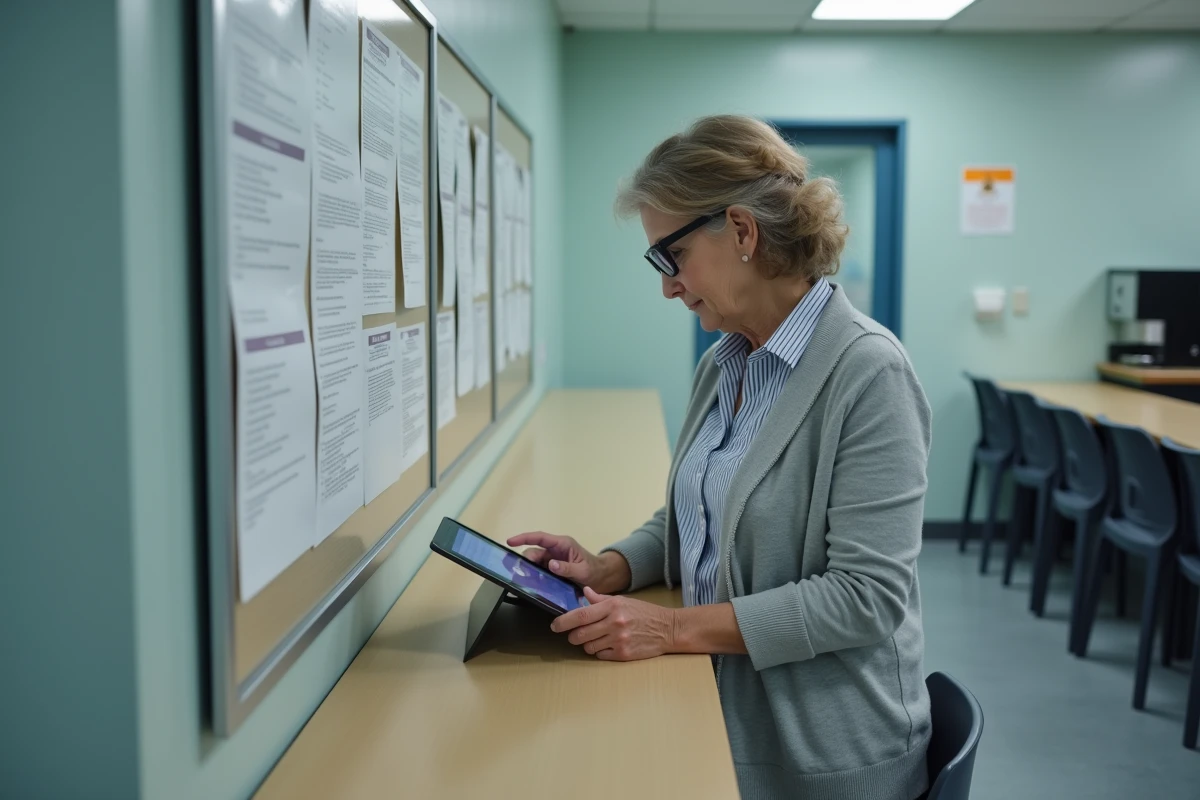 Employée postale vérifiant ses bulletins de salaire sur une tablette dans la salle de pause d'un centre de tri La Poste