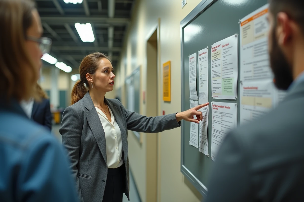 Employée consultant un tableau d'affichage des avantages CSE dans les couloirs d'une entreprise aéronautique