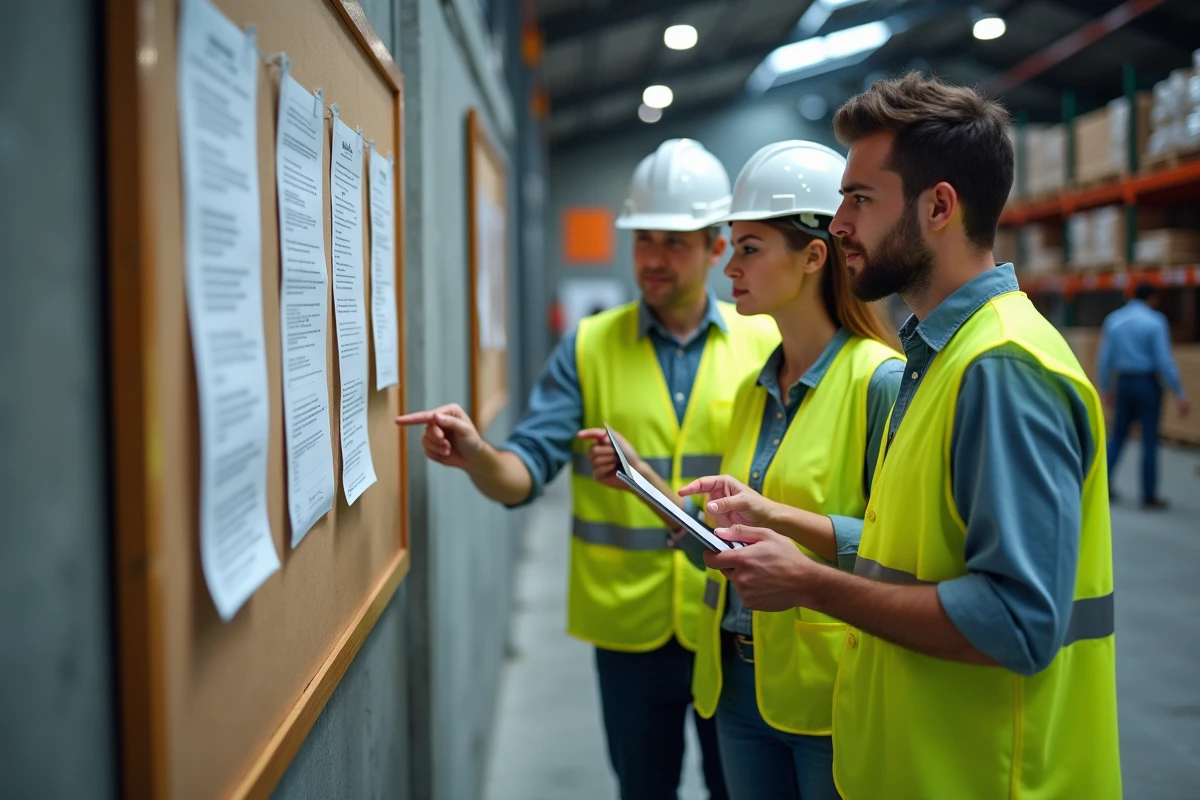 Employés d'entrepôt lisant une note de service affichée sur les consignes de sécurité