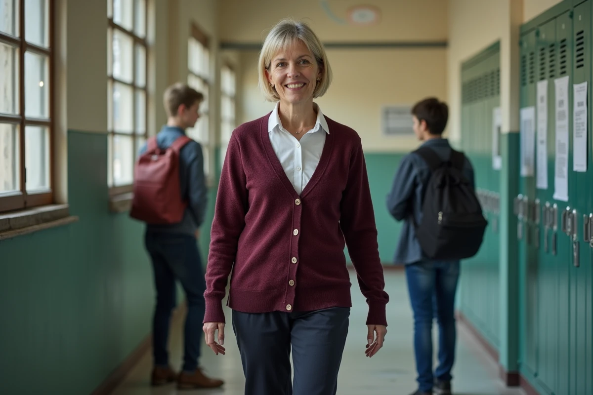 Enseignante discutant avec des élèves dans le couloir d'un établissement scolaire français