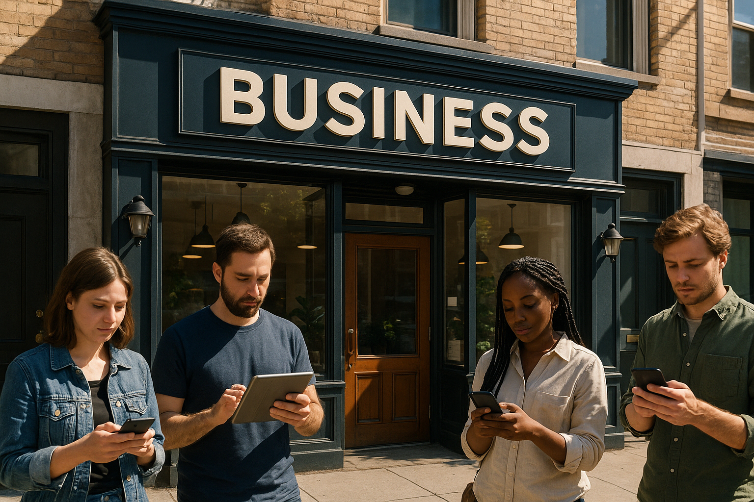 Commerce de rue avec vitrine et passants utilisant smartphones