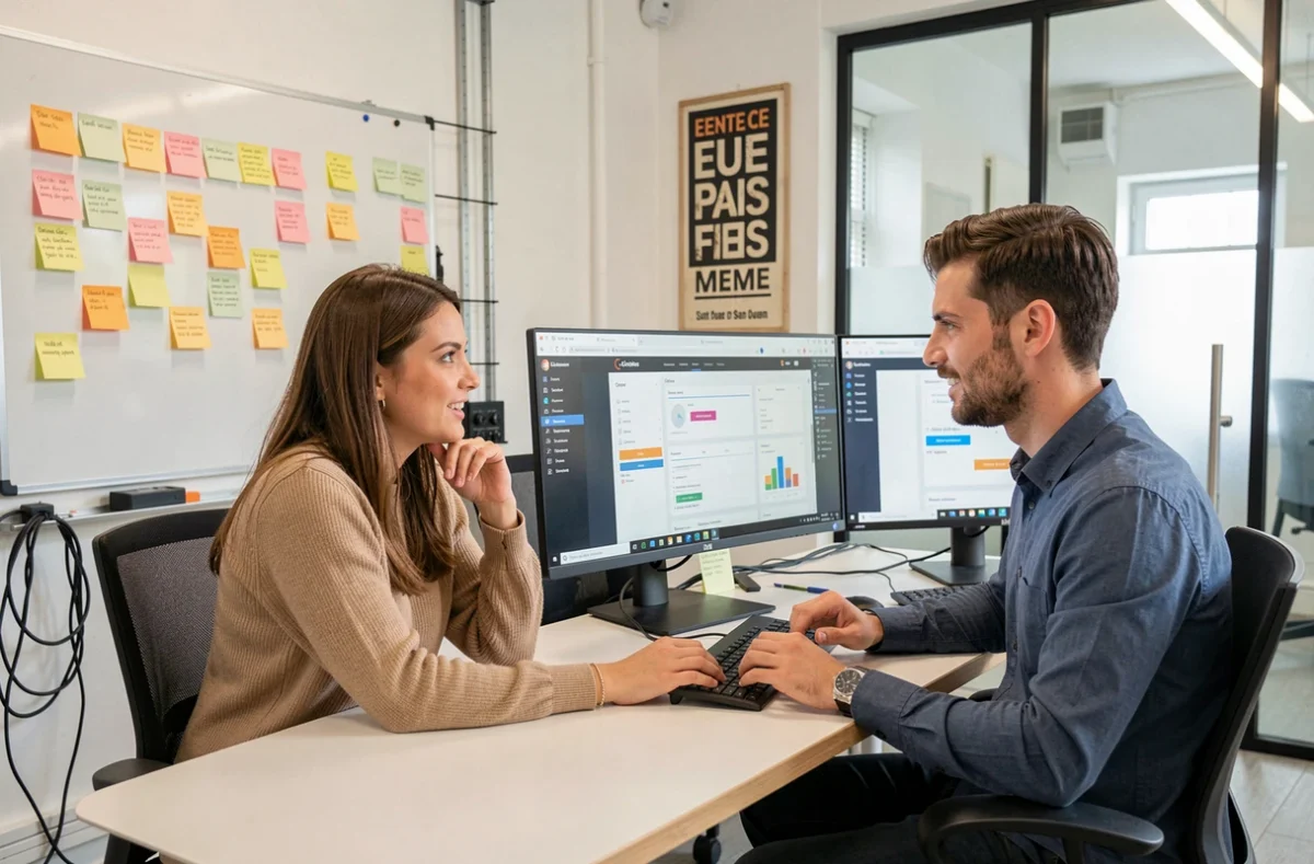 Deux collaborateurs de l'agence Ensemble Web à Saint-Quentin discutant d'un projet de site internet