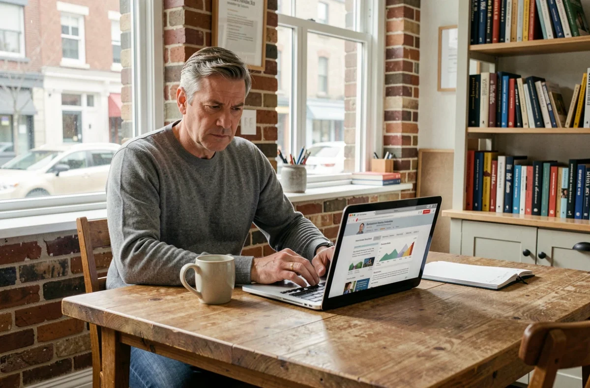 Entrepreneur lisant des avis sur un outil de marketing en ligne depuis son bureau à domicile avec un ordinateur portable