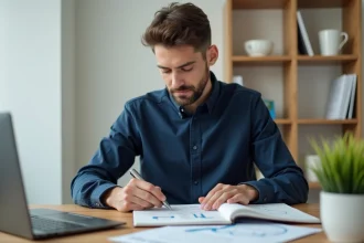 Entrepreneur en chemise navy assis à son bureau consultant des notes business manuscrites avec un ordinateur portable affichant des graphiques de revenus récurrents