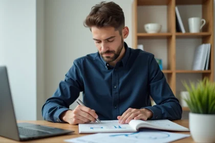 Entrepreneur en chemise navy assis à son bureau consultant des notes business manuscrites avec un ordinateur portable affichant des graphiques de revenus récurrents