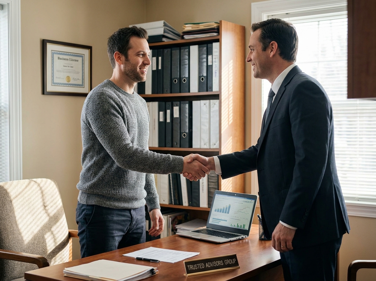 Chef d'entreprise signant un contrat d'assurance tous risques avec un conseiller professionnel
