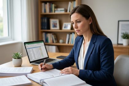 Femme entrepreneur examinant des documents légaux pour la création de son entreprise à son bureau à domicile